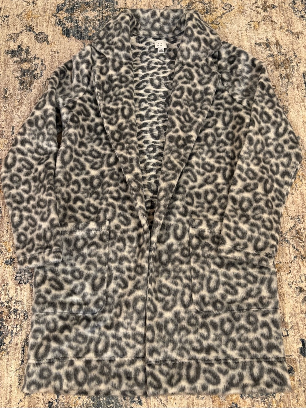 A New Day Leopard Print Faux Fur Coat Womens Small Gray White Open Front